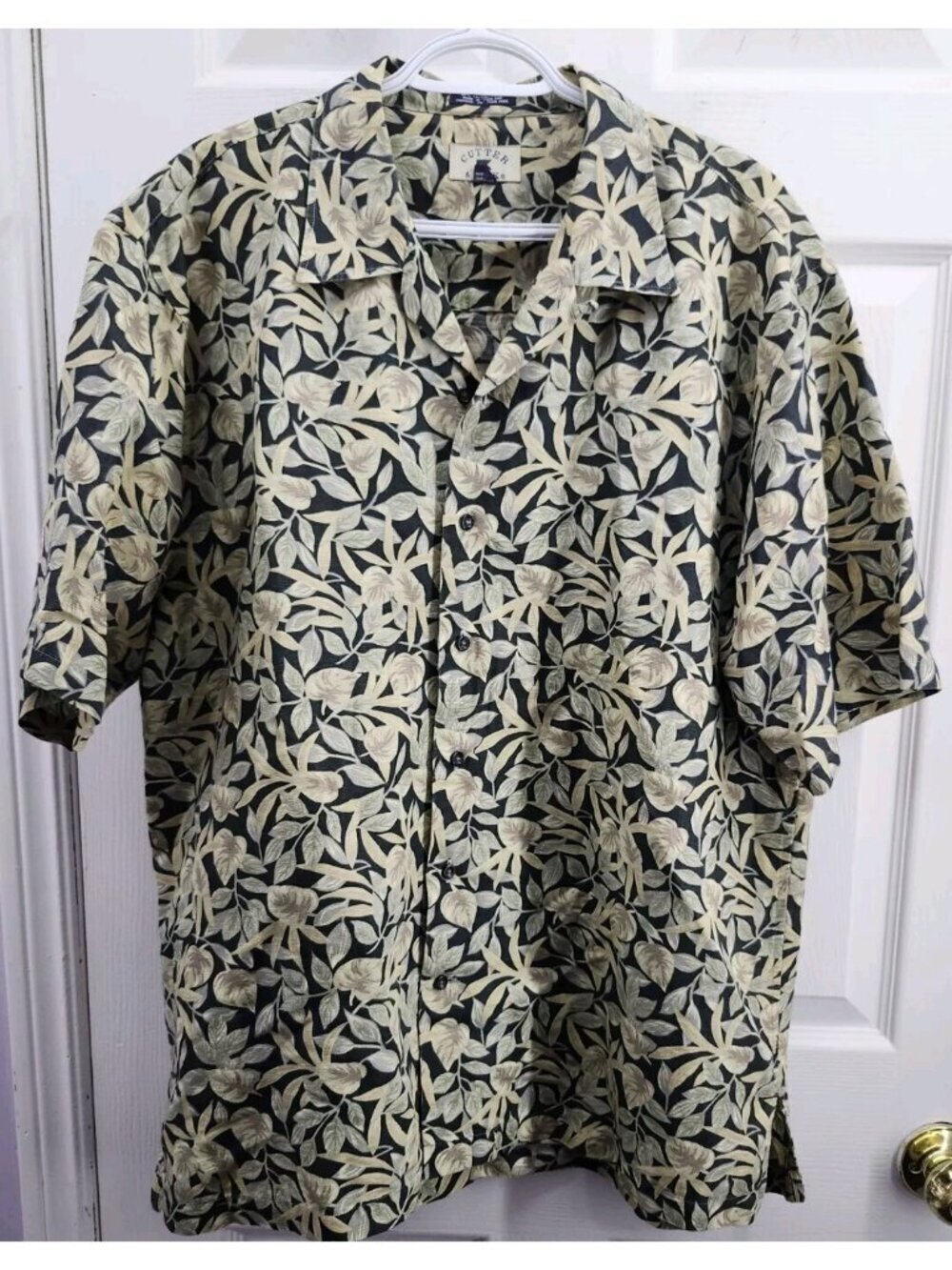Cutter & Buck Shirt Men's Size Large Green Tan Button Up Linen Blend *Leaf Print